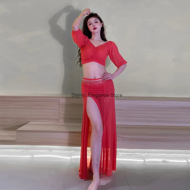 Adult Belly Dance Strapless Top Skirt Set Female Oriental Training Clothes Beginners Performance Indian Class Lesson Dance Suit image 2