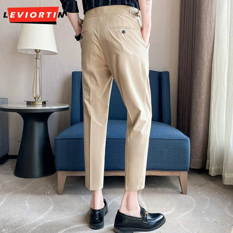 British Style Men High Waist Casual Business Dress Pants Streetwear 2023 New Fashion Social Belt Decoration Slim Fit Suit Pants