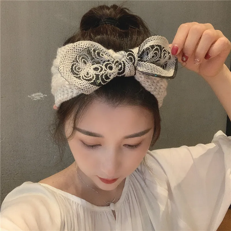 

Net red knitted wool bow Women Sequins Fashion Sweet Elastic Headband headband Headband headband accessories