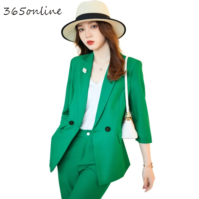 Green Women Business Suits with Pants and Tops Blaser Half Sleeve Spring Summer Ladies Work Wear Pantsuits Blazers Trousers Set