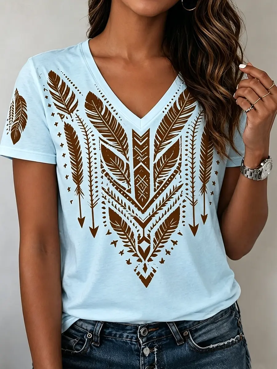 Women's Spring Summer 3D Printed V Neck Tee, White Base Brown Feather Arrow Ethnic Geometric Vintage Print Casual Daily Top