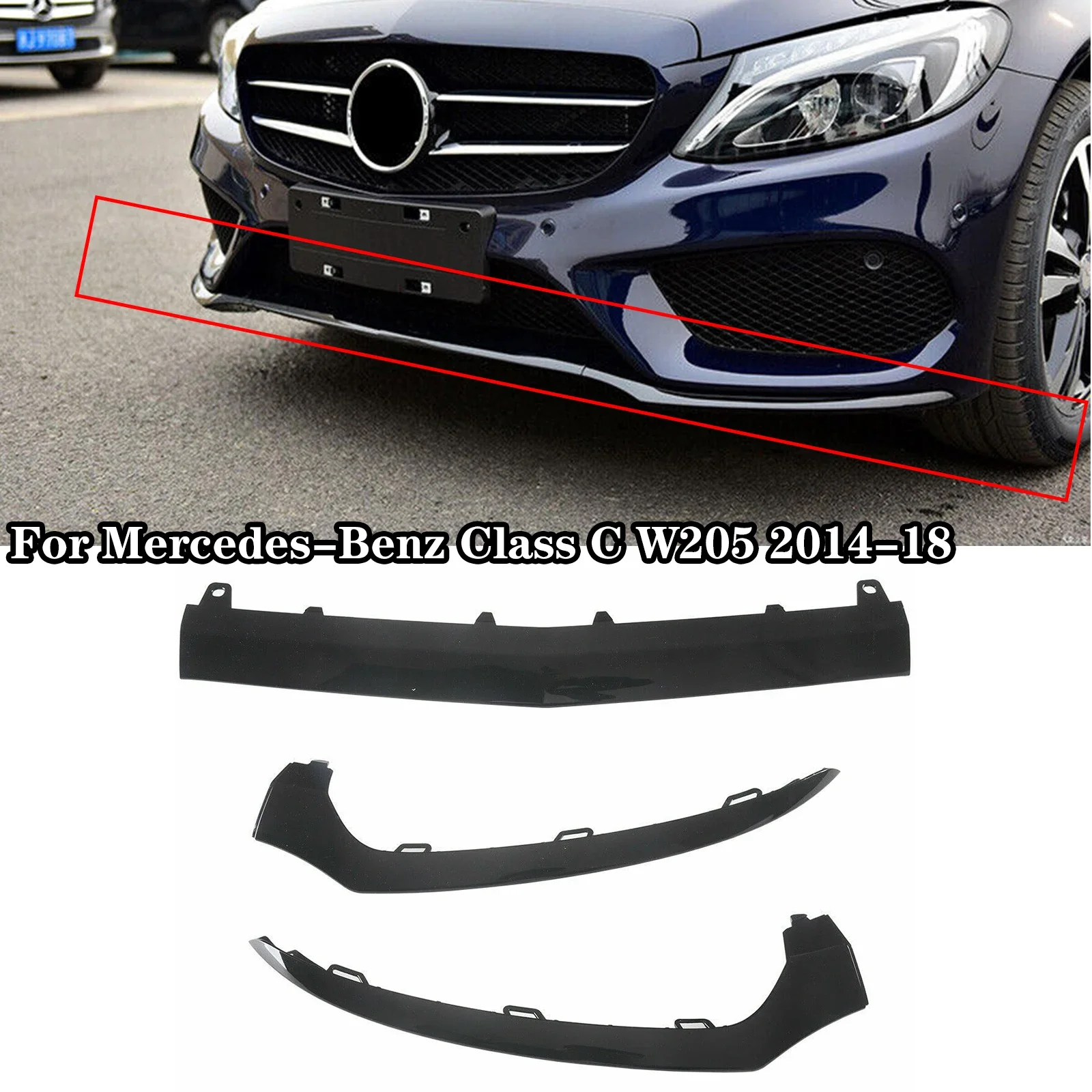 

Front Bumper Lower Lip Trim Molding Chrome For Mercedes-Benz Class C W205 2014-2018 Car Body Kit Accessories Glossy Black