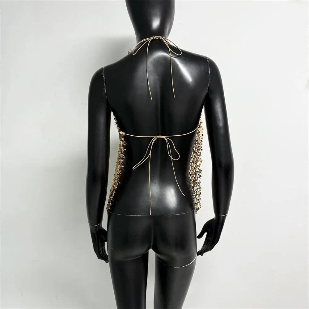 Damen Glänzendes Acryl-Pailletten-Top mit Ausschnitten, Sexy Tiefer V-Ausschnitt, Rückenfreies Neckholder-Oberteil, Durchsichtiges Strand-Party-Top – Detail 14