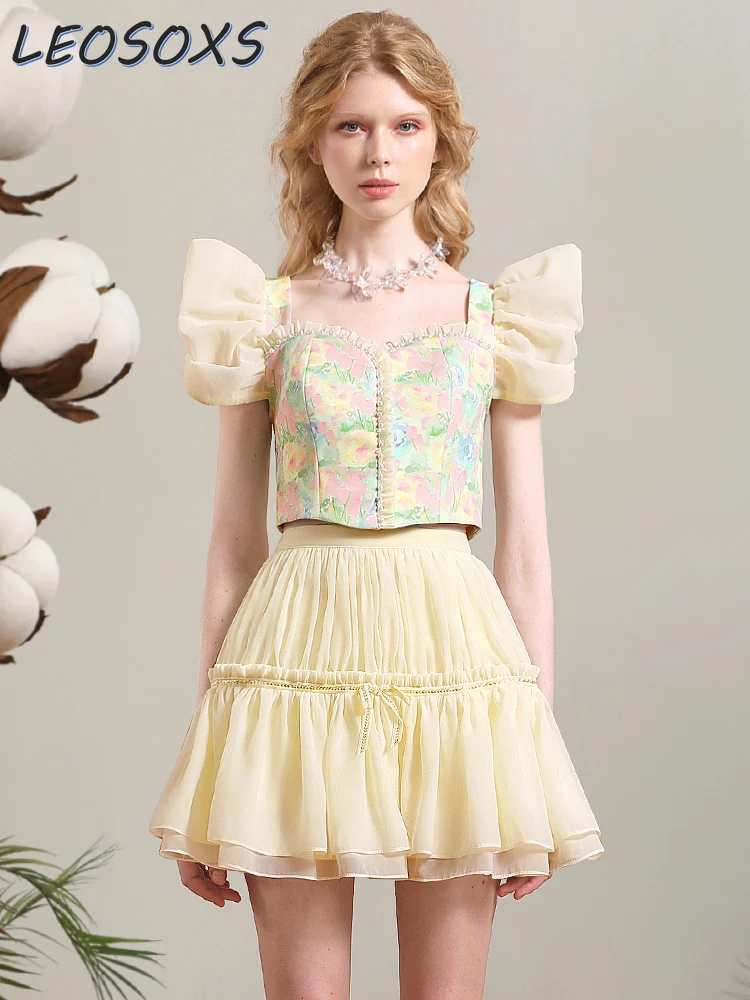 High-End Designer Sweet Summer Short Sleeve Fresh Printed Short Puff Sleeve Shirt Top High Waist Slimming Skirt Two-Piece Set