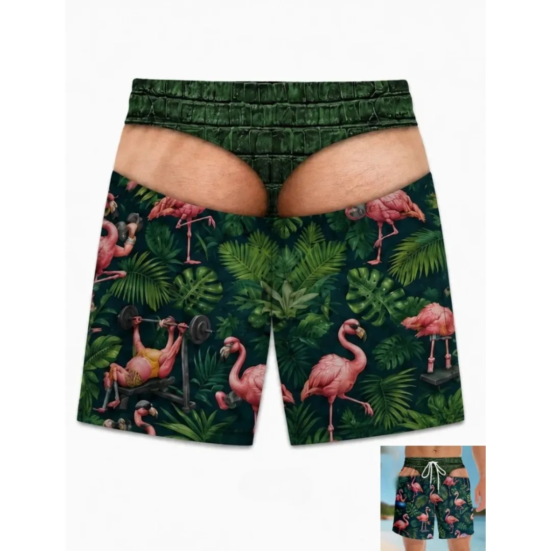 Men Funny Bacon Egg Flamingo Duck Print Swim Trunks Quick Dry Drawstring Beach Board Shorts Summer Casual Swimwear Plus Size