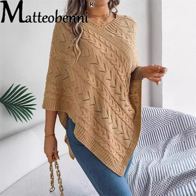 

2025 Autumn Winter V-Neck Shawl Cloak Sweater Women Casual Loose Knitting Pullover Ladies Vintage Elegant Solid Color Cape Coat