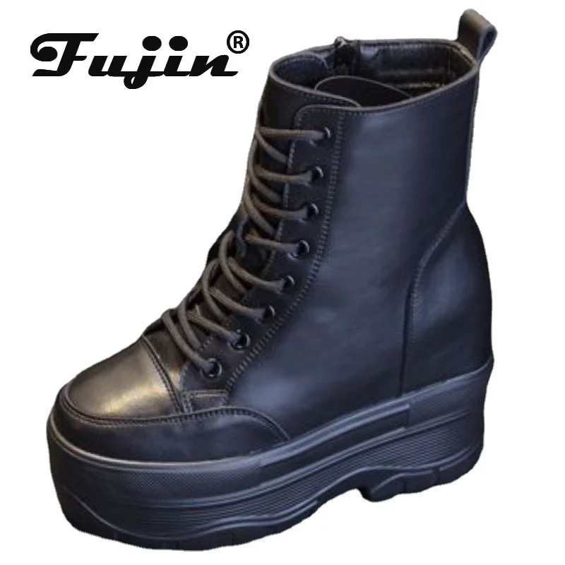 

Fujin 12cm 10cm Microfiber Platform Wedge Motorcycle Spring Autumn Winter Plush Booties Women Ankle Boots Casual Zipper Shoes