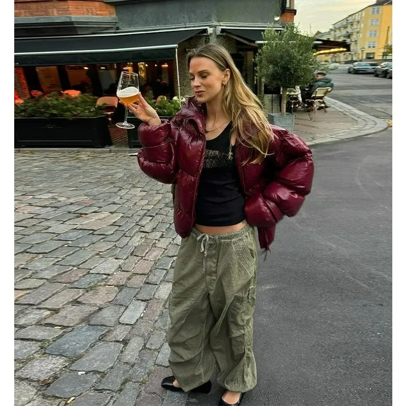 

Теплая хлопковая одежда, однотонное свободное яркое кожаное женское пальто с воротником-стойкой на молнии, зимняя модная уличная куртка