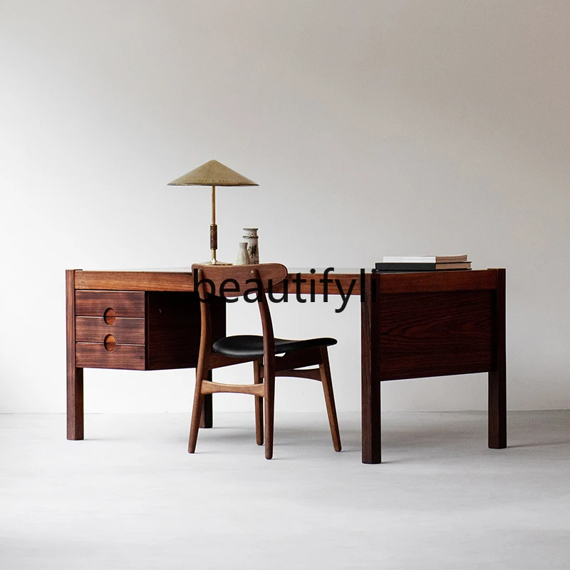 

Full solid wood retro desk desk black walnut modern minimalist