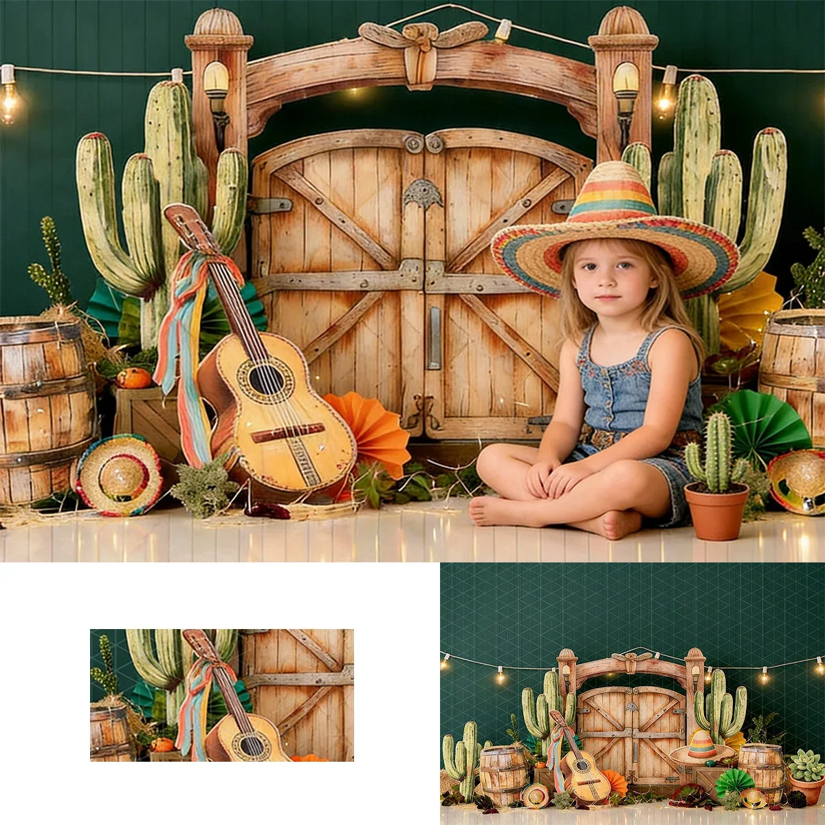 Western Farm Style Backdrop with Wooden Door Cactus Guitar and Sombrero for Fiesta Themed Kids Photography