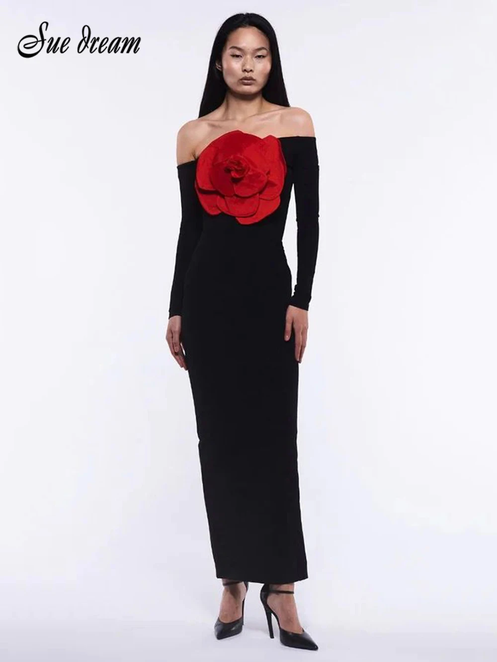 

2023 Autumn New Women's Sexy Off Shoulder Long Sleeve Flower Back Split Long Dress Bodycon Celebrity Club Party Evening Dress