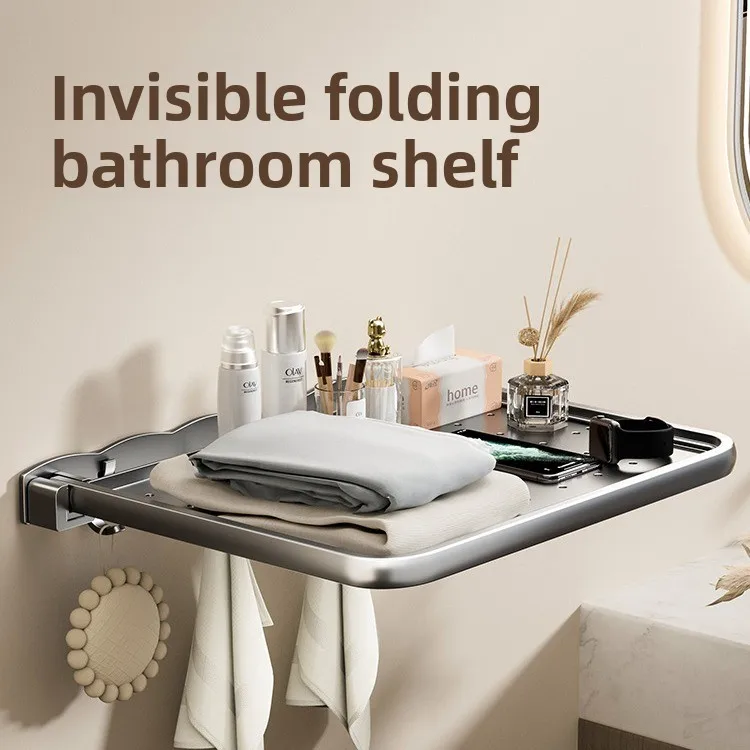 No Drill Aluminum Bathroom Shelf Six Hooks Removable Wall Mounted Organizer Towels Clothes Toiletries In Shower Or Toilet