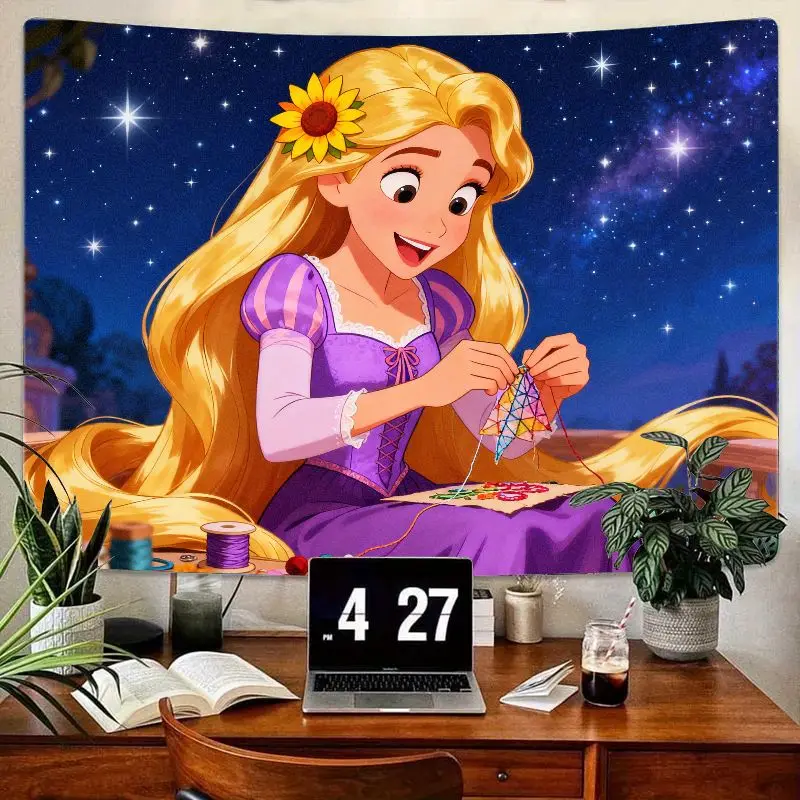 

1 шт., гобелен с длинными волосами Диснея Рапунцель, вязание принцессы «Звездная ночь», настенное искусство, эстетический декор комнаты из полиэстера, подарок для девочек