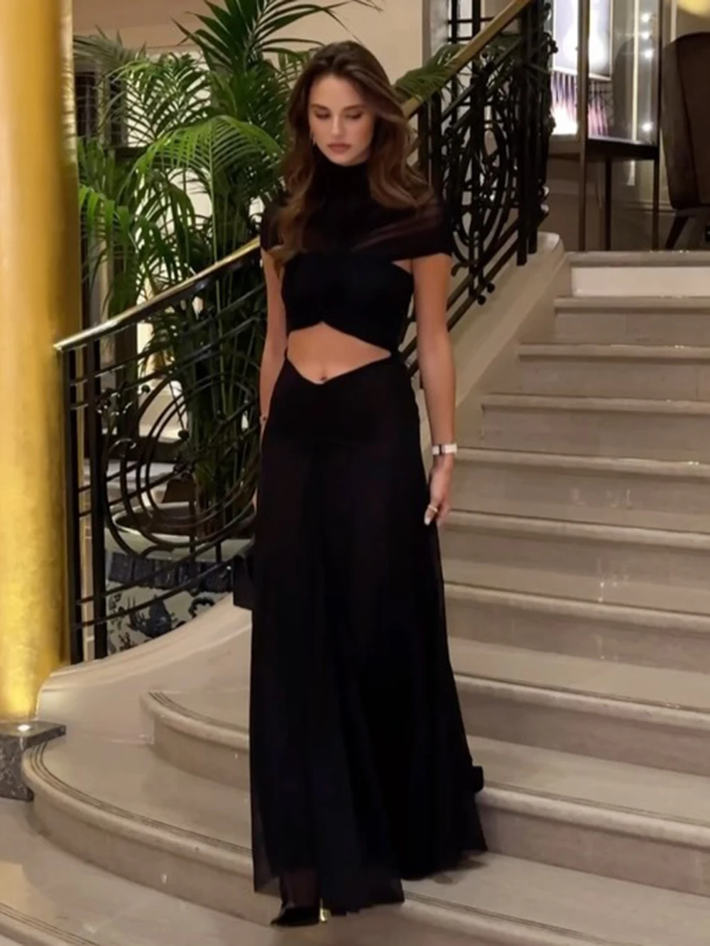 Nowa seksowna sukienka maxi damska z odkrytymi ramionami, bufiastą spódnicą i materiałem z siateczki, długa suknia wieczorowa.