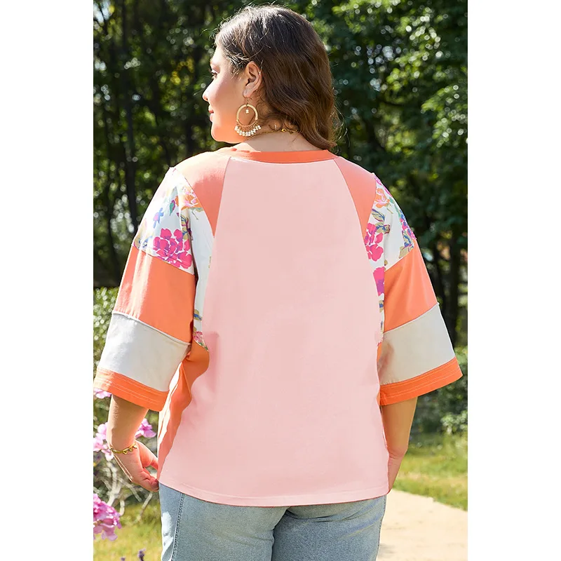 เสื้อยืดแขนสั้นทรงแร็กแลนลายดอกไม้สีสันสดใสสำหรับผู้หญิง สไตล์ฤดูร้อน คอกลม ไซส์ใหญ่ แฟชั่นยุโรปอเมริกา