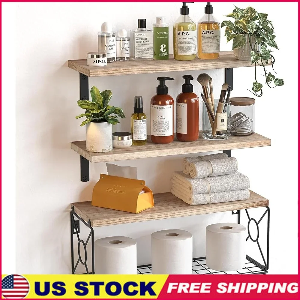 

Настенные полки для ванной комнаты с корзиной для хранения, набор из 3-х плавающих полок, организация дома, декоративное хранилище из массива дерева