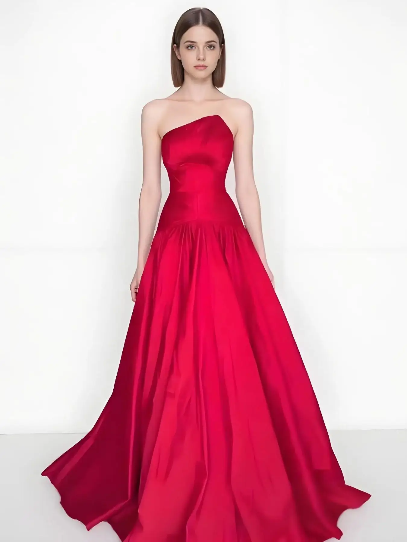 

Beshinel Customized Red Strapless Satin Evening Dresses Elegant Sleeveless Lace Up Floor Length Prom Gowns Vestidos De Noiva