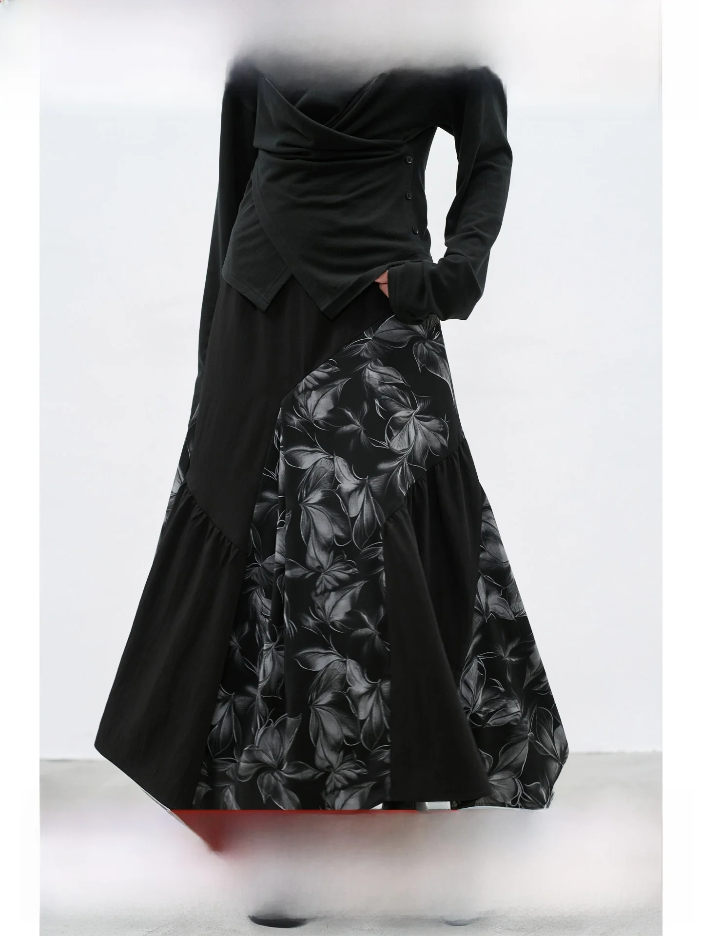 

EIGHTHMONTH August Bla ey Floral Le Patchwork Asymmetrical Slimming Retro f-length Skirt High Waist A-line Casual