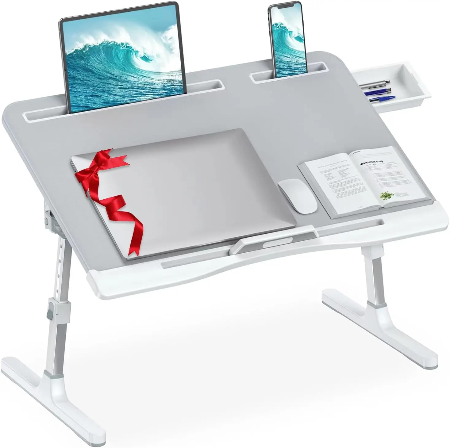 

Adjustable Laptop Bed Desk with Leather Top, Foldable Large Tray Drawer for Couch Floor Work Reading Gray