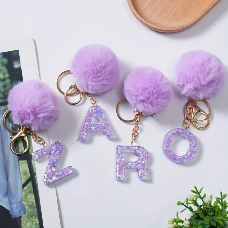 A-Z 26 Alphabet Letter keychain resin star sequin key ring cute purple plush ball keychain women's bag pendant fashion gift