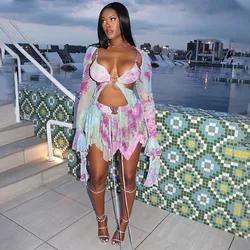 Tie Dye Print Ruffles Mesh Butterfly 3 Piece Set Women Sexy Flare Sleeve Cape + Lace Up Halter Camis Crop Tops + Mini Skirts