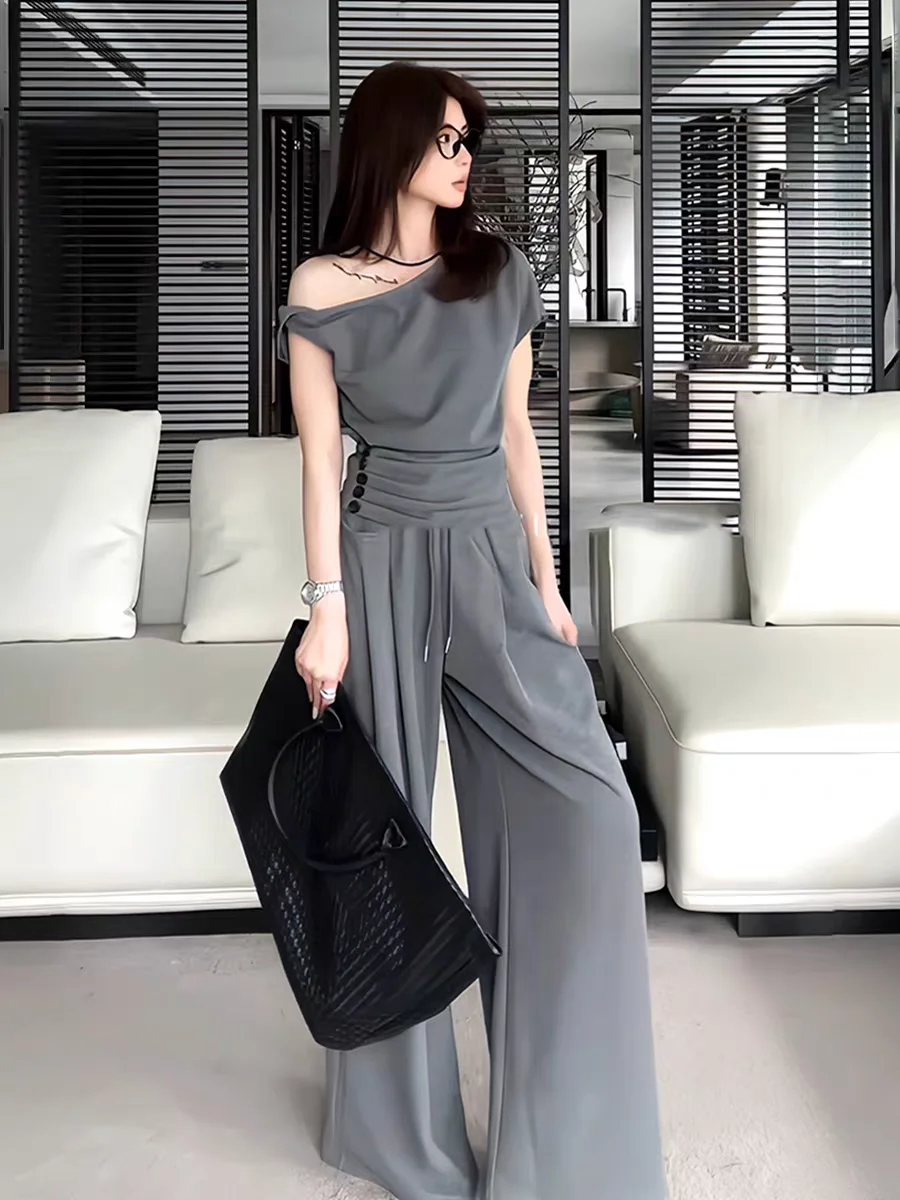 

Korean Casual Suit Women's Summer Slanted Shoulder Short-sleeved Top High Waist Wide Leg Pants Two-piece Set Female Clothes