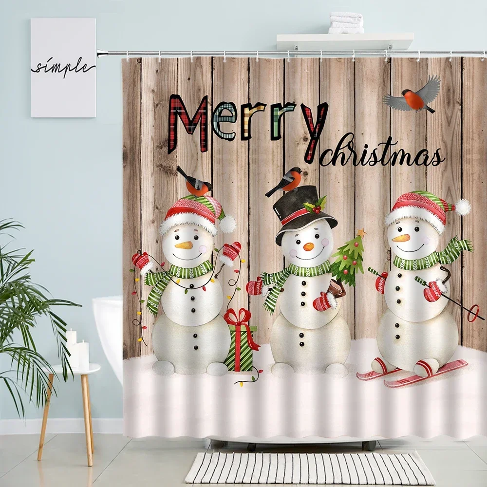 Funny Cartoon Snowman Shower Curtains Red Berries Deer Black White Buffalo Plaid Creative Christmas Bathroom Curtain Home Decor