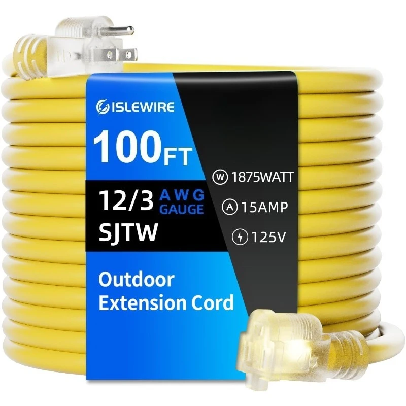 12 Gauge Outdoor Extension Cord 100 FT Waterproof, 3 Prong Plug, SJTW Heavy Duty 15A 1875W, Yellow Extension Cable With Lighted