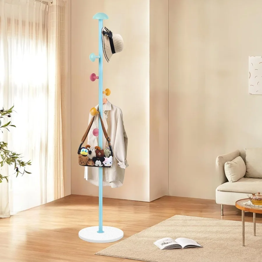 رف معطف معدني قائم بذاته مع 7 خطافات وقاعدة رخامية لمدخل المدخل وغرفة النوم والمكتب قابل للتعديل لتخزين الارتفاع