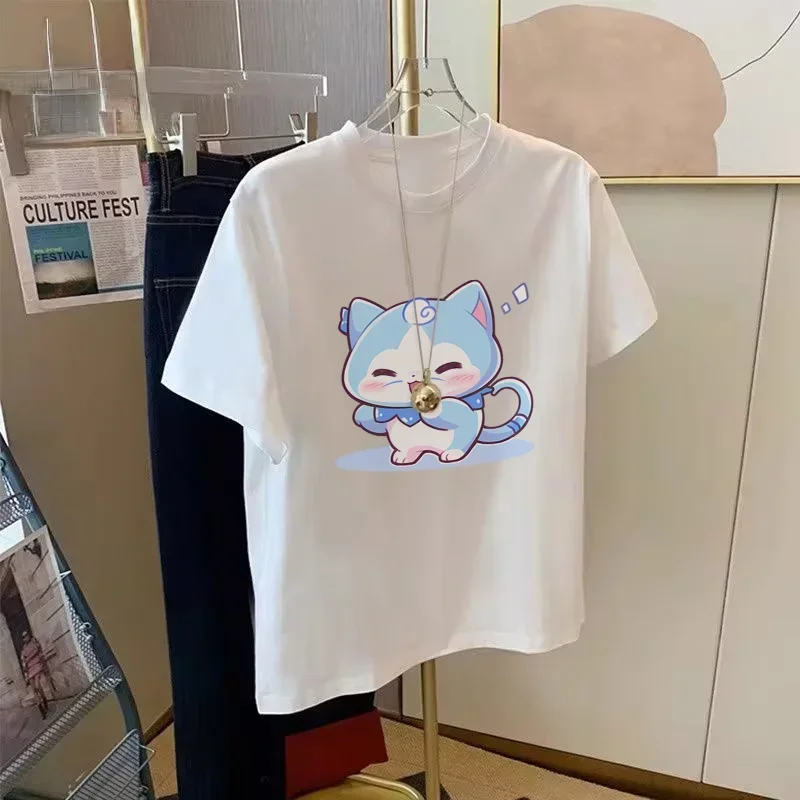 Snow Girl Series Original cartoon sneaky laughter snow spirit printed T-shirt for women summer loose casual round neck top ins