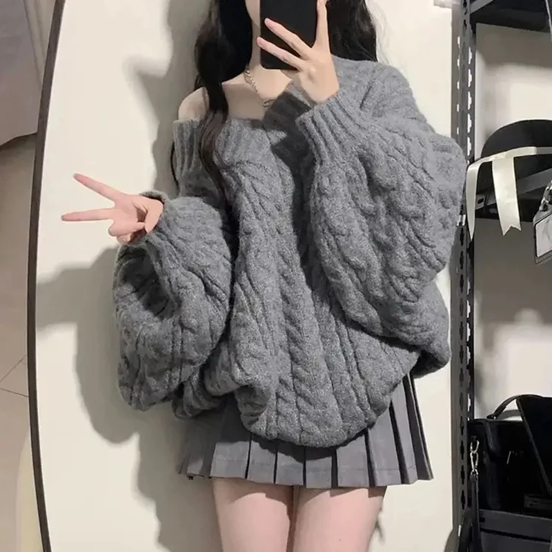 

Autumn Winter Women Sweater Harajuku Oversized Knitted Pullovers Korean Long Sleeve V Neck Knitwear Preppy Solid Loose Jumper