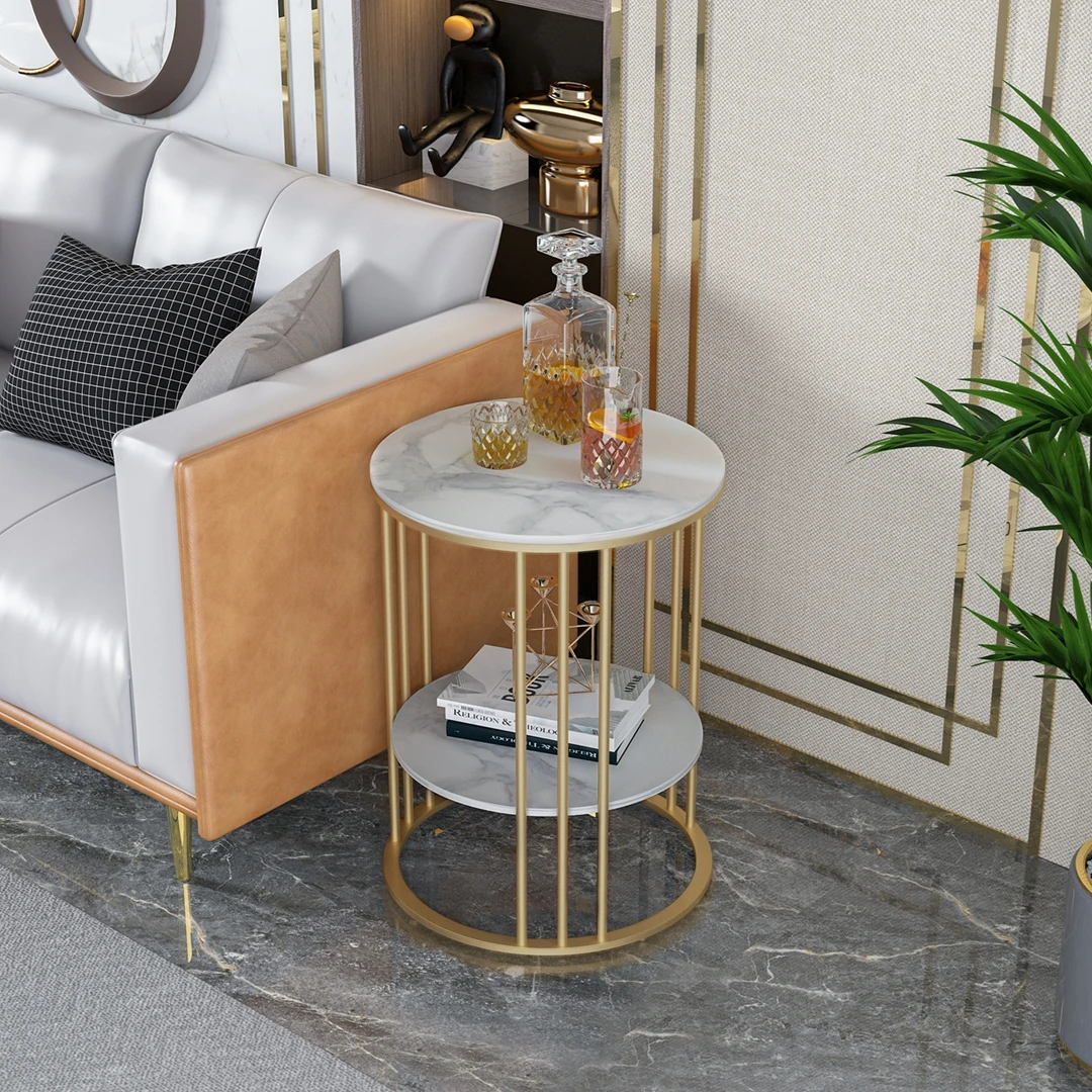 Modern Round Tier Storage Side Table with Sintered Stone Tabletop & Gold Metal Frame - Versatile End Table for Living Room