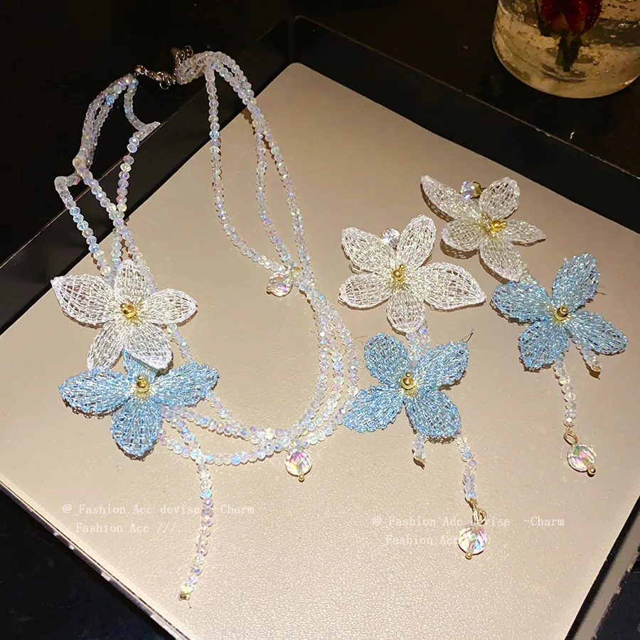 Korean-style Glass Flower Multi-layer Beaded Necklace, Fresh and Fairy-like, Versatile Collarbone Chain, Beach Holiday Style