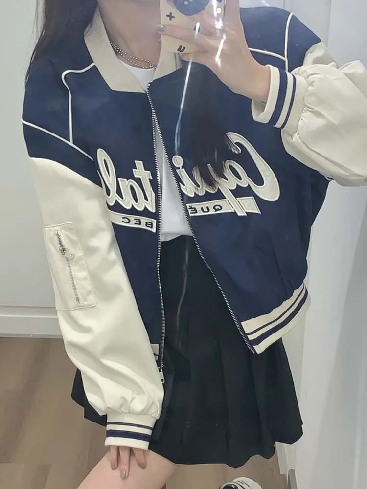 

Oversized Baseball Jacket Women American Retro Letter Print Bomber Coats Female Autumn Casual Zipper Y2k Cropped Windbreaker