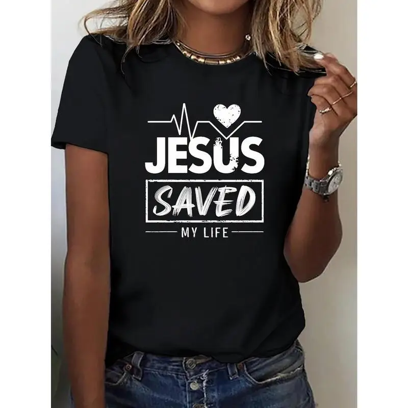

Women's Jesus Saved My Life T-Shirt Christian Religious Heartbeat Graphic Faith Tops