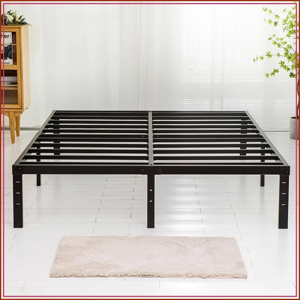 Queen Bed Frame 18 Inch, Heavy Duty Metal Platform with Steel Slats, No Box Spring Needed, Black