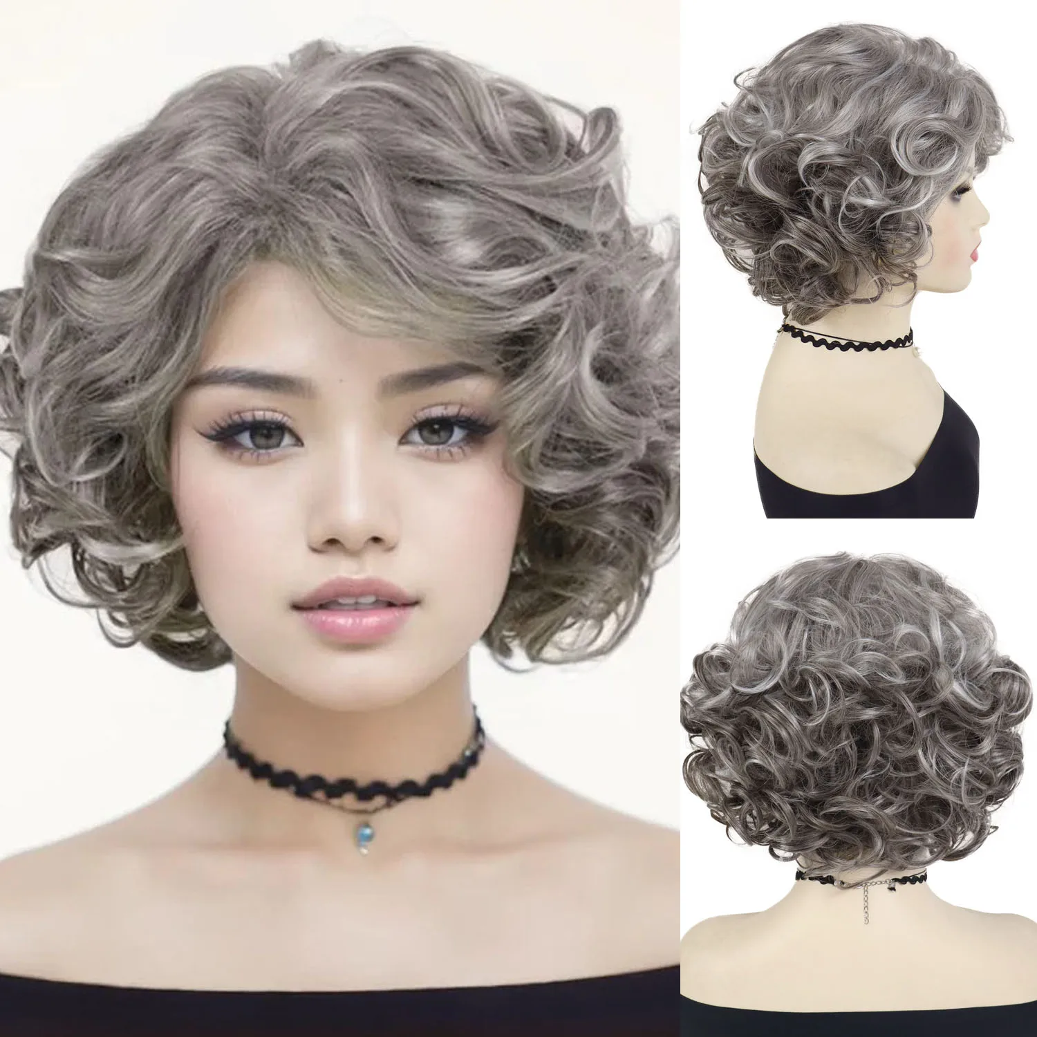 

Женский серый парик с эффектом омбре, синтетический короткий вьющийся парик для бабушки, парики для старых леди, пушистые дышащие волосы, повседневное использование, термостойкие