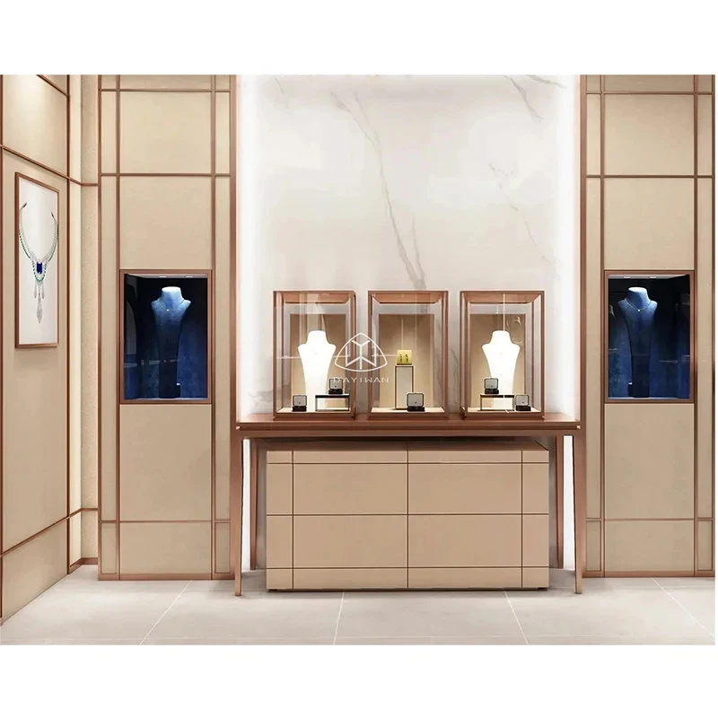 custom.Hot Sale with Design Jewelry Display showcase Commercial Gold Freestanding Cabinet