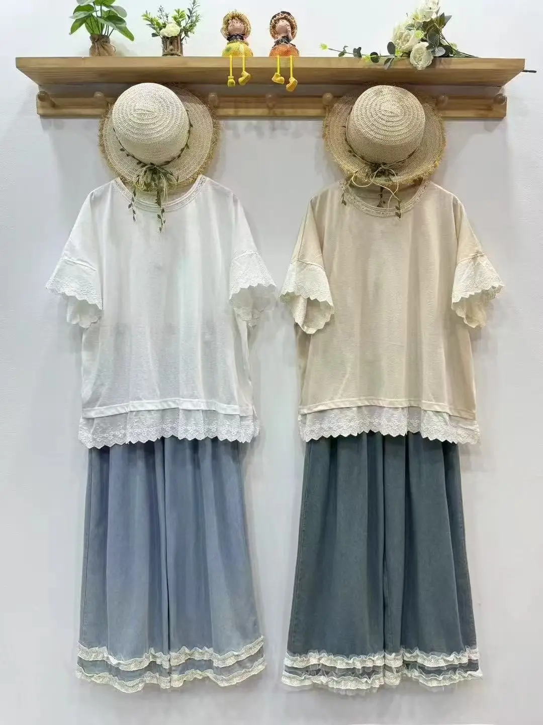 

Bust 128cm Mori girl summer Japanese style sweet blue white beige pink lace patchwork t shirt cotton short sleeve tops