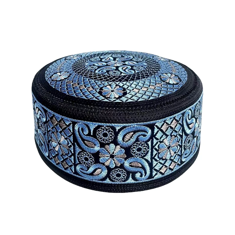 Chapéu Muçulmano Yarmulke 55-60, Chapéu Islâmico Masculino de Topo Plano Bordado, Chapéu de Oração Muçulmano, Turbante para Festas de Negócios, Aniversário e Casamento