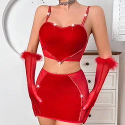 Toucheart 4 Piece Set Red Love Fun Lingerie Skirt Set Women Comfortable See-Through Mesh Solid Color Sexy Gloves Thong Bra Set