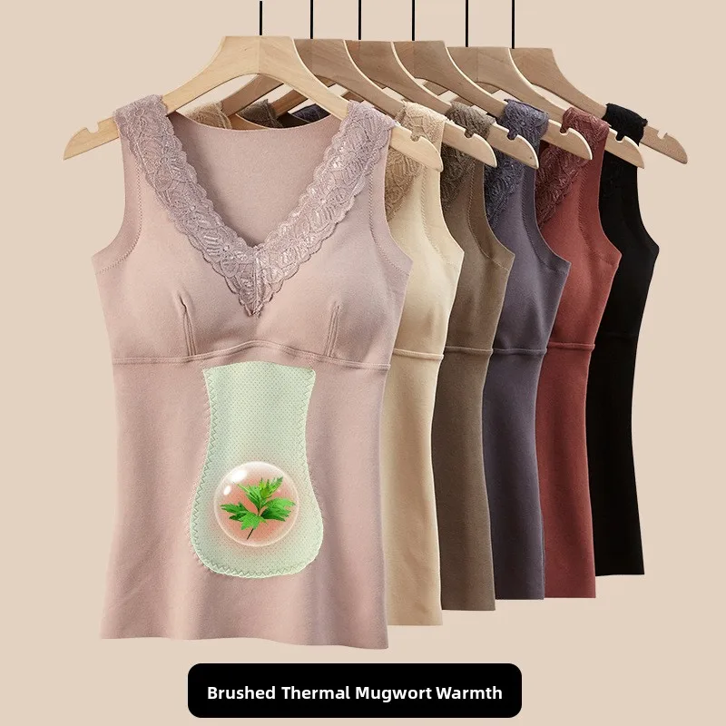 

Warmth Fleece Vest Women's V-neck Lace Mallow Herbal Heating Underwear Base Shirt Fleece Lined Strap Home Clothes