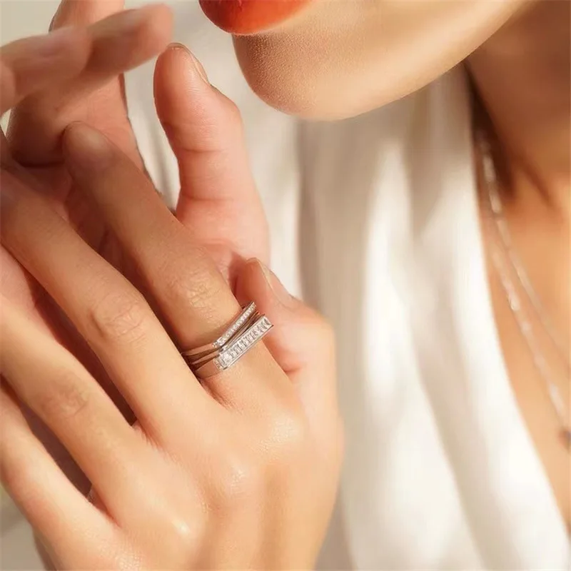 Elegant Multi-Layer Square Micro-Set Zircon Ring Luxury Versatile Minimalist Personality Trendy Ring Fashion Jewelry Accessory