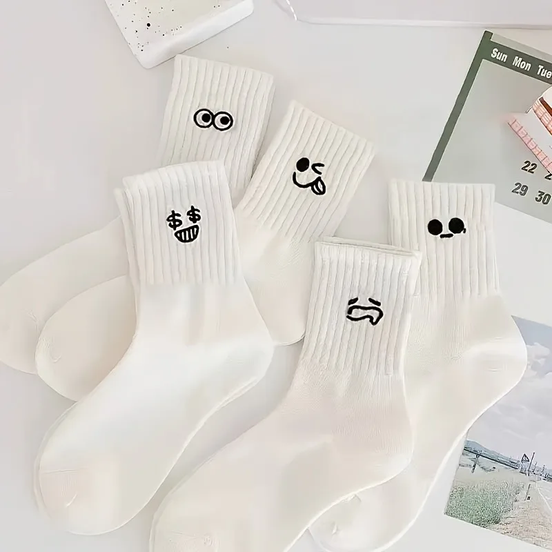 

5 Pairs of White Emoji Socks with Fun Pattern Design, Suitable for Daily Casual and Formal Wear, Soft, Elastic, Solid Color