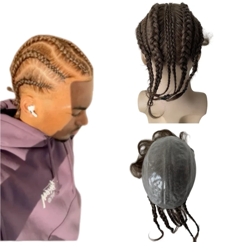 

Burmese Virgin Human Hair Hairpieces #6 Light Brown Color Cornrow Braids Toupees 8x10 V Loop Skin Unit for Asian Men