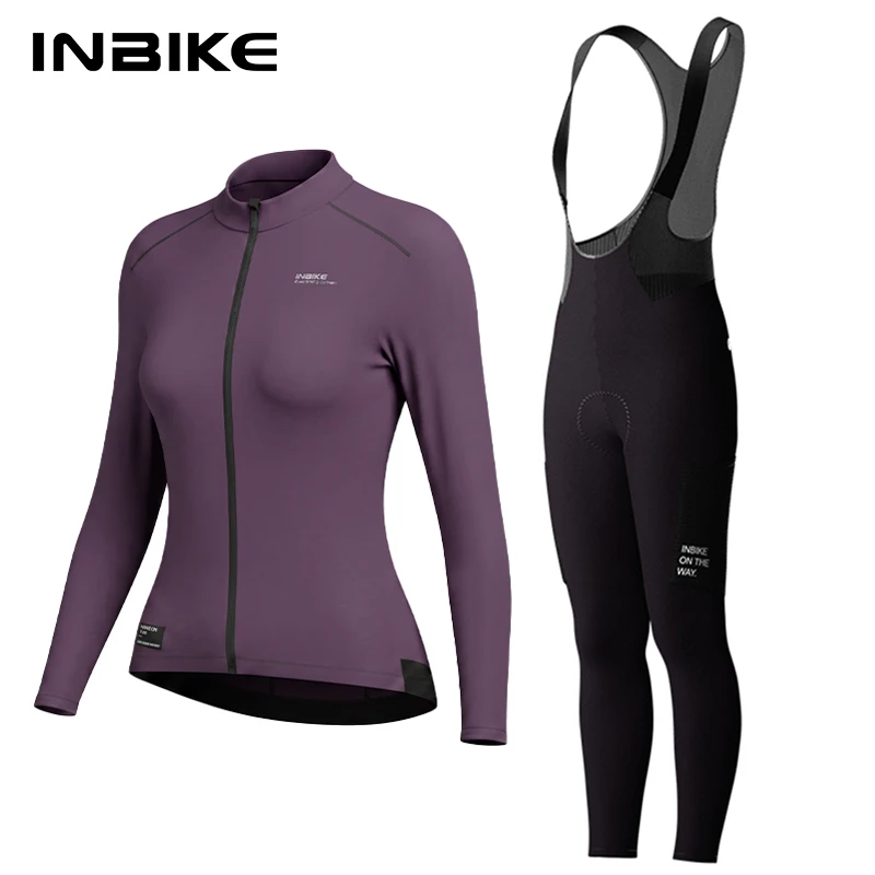 INBIKE Set di abbigliamento invernale da ciclismo per donna, maglia termica a maniche lunghe in pile e pantaloni con bretelle, tuta da ciclismo antivento e calda per bici da strada