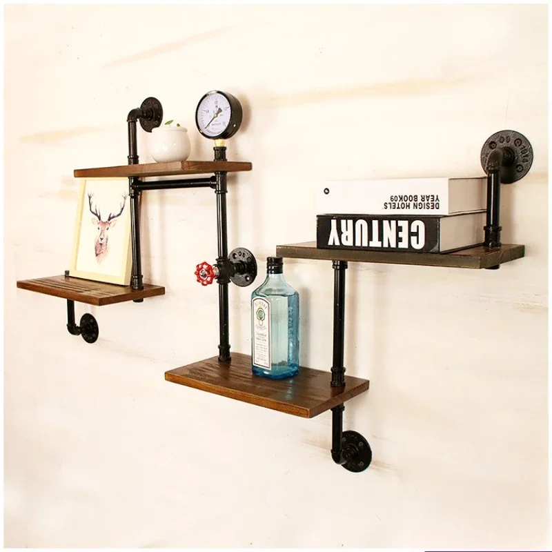 Retro Solid Wood One Letter Shelf Industrial Style Antique Wall Mounted Iron Water Pipe Storage Rack Creative Wall Bookshelf