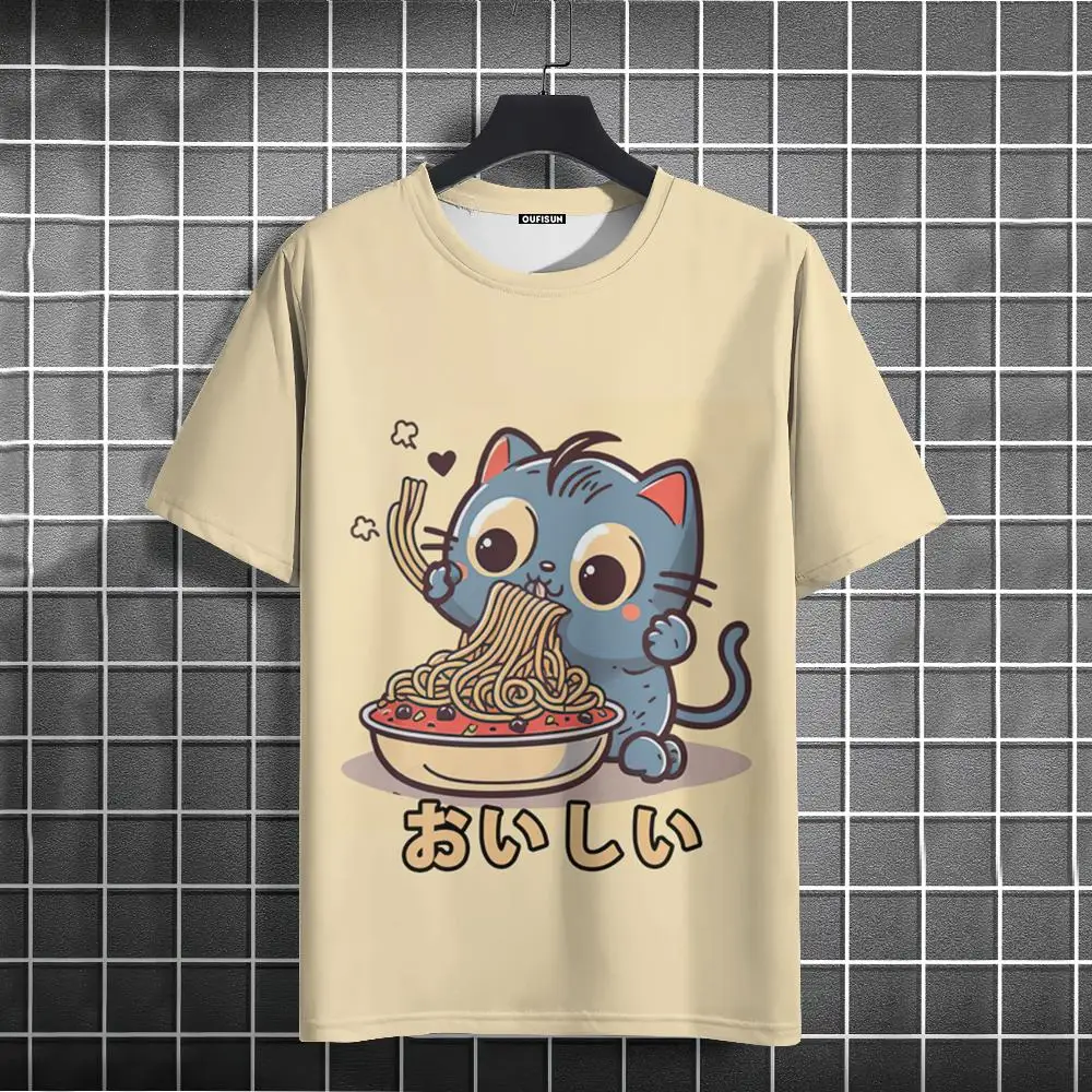 Cartoon Cat 3D Print T Shirt For Men Casual O-neck Short Sleeve Tops Funny Ramen Pattern Oversized T-shirts Fashion Tee Clothing