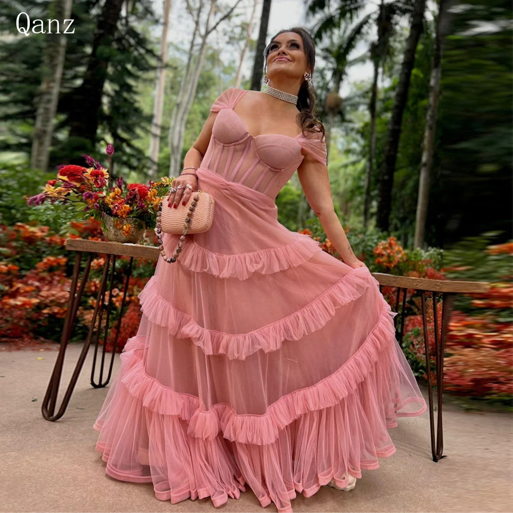 Qanz Long Dirty Pink Tulle Evening Dress Sleeveless Sweetheart Tiered Prom Dresses  Prom Gowns Formal Party Dresses Customized