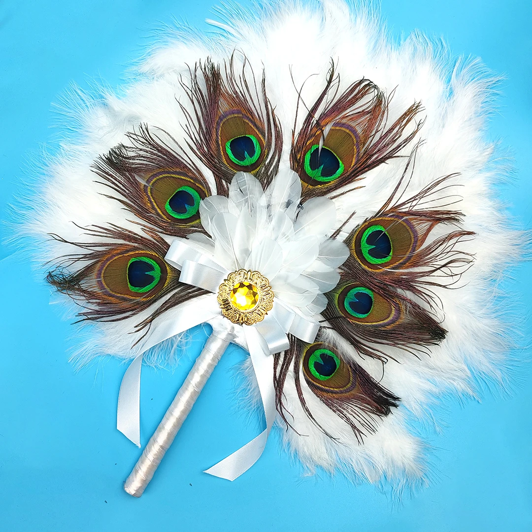 

High Quality Feather Fan Big Size African White Feather Handfan With Stones Wedding Feather Fan For Bride Feather Nigerian